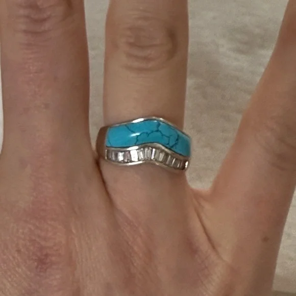 Sterling Silver Turquoise and Cubic Zirconia Inlay Ring Size 8 - Picture 4 of 5